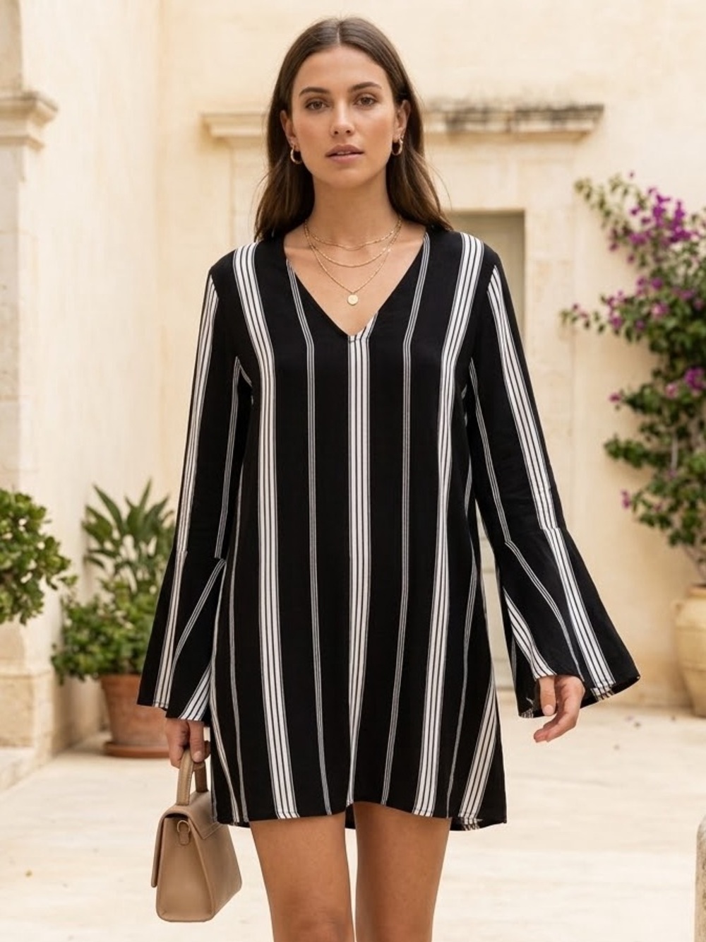 Faithfull The Brand Harper Striped Bell Sleeve Mini Dress Black White Size 8